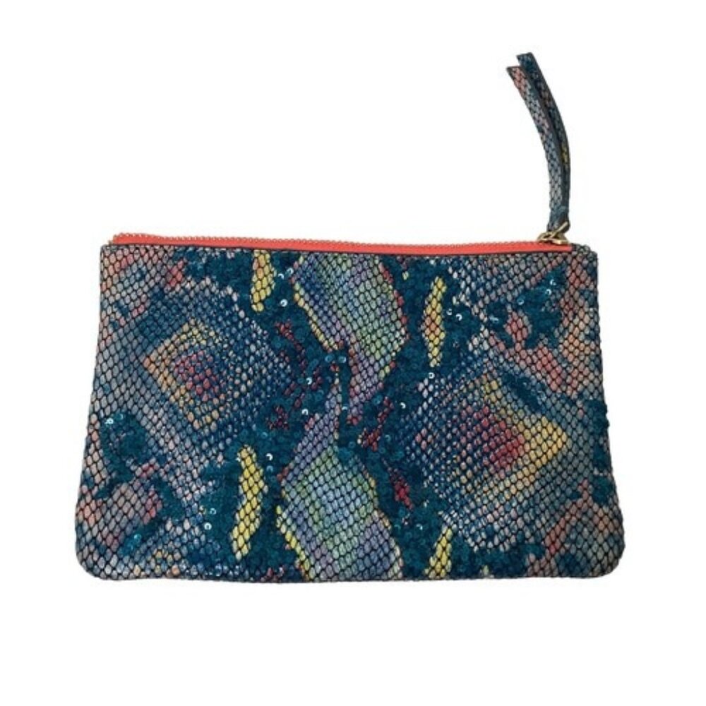 Anthropologie Embroidered Snake Printed Clutch Multicolored Purse Handbag